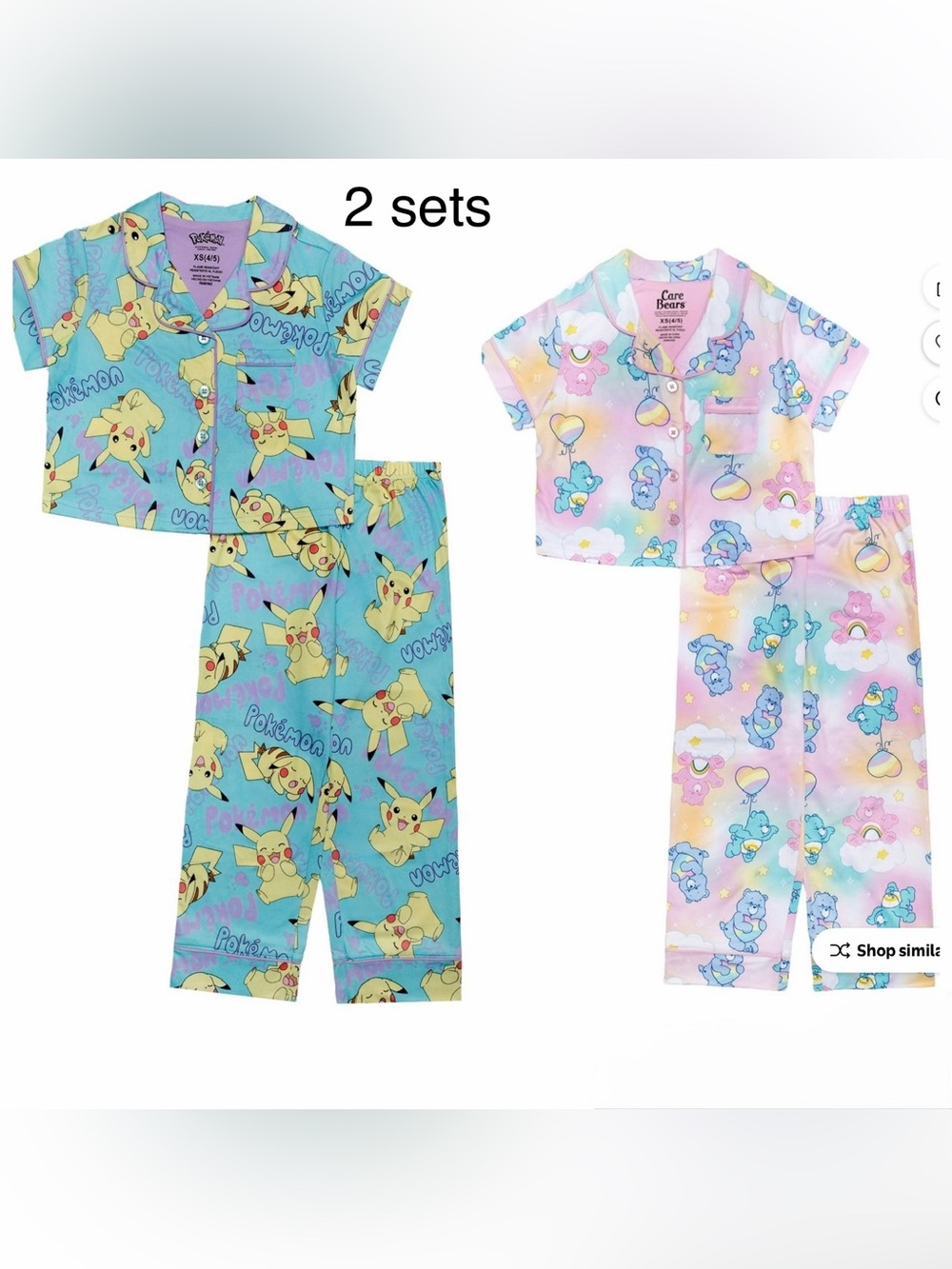 Care Bears and Pikachu Pokemon Pajama Sets girls size small(6/6x) 2 sets